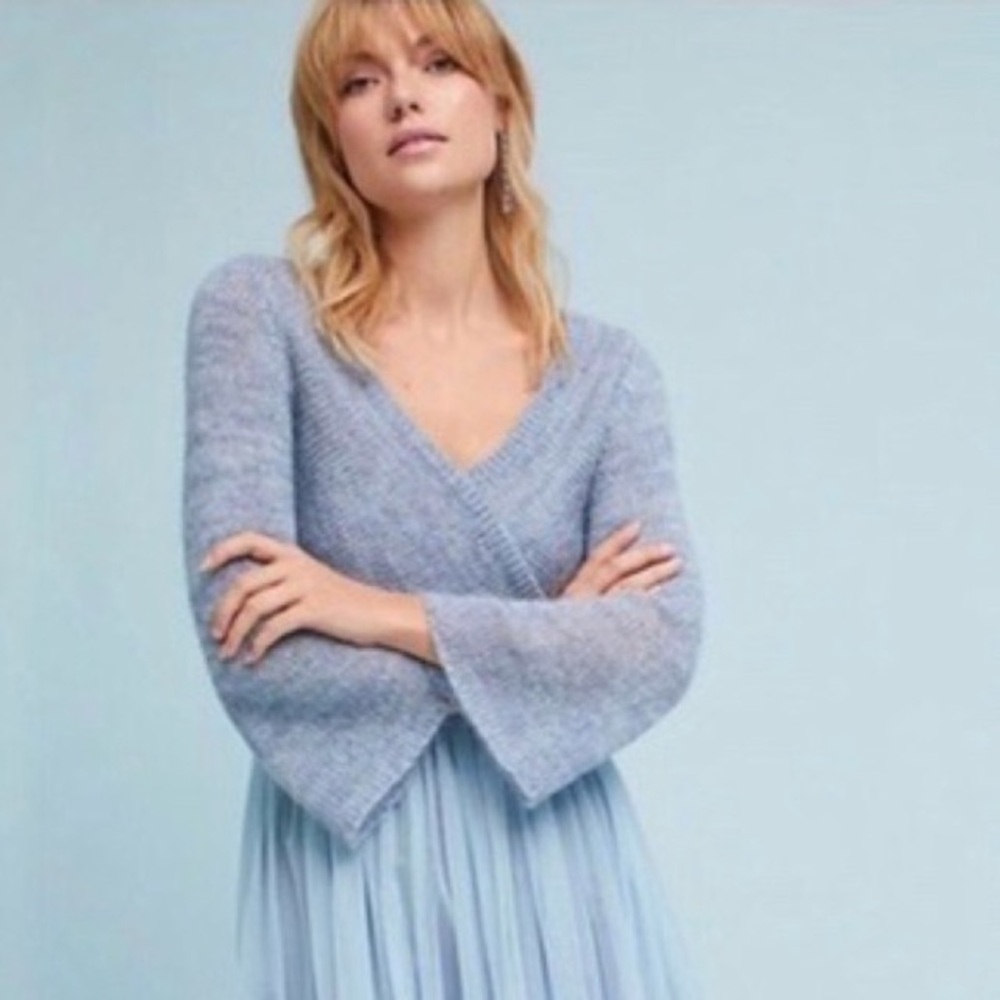 Maeve / Anthropologie Soft Blue V-Neck faux wrap crop mohair blend Sweater